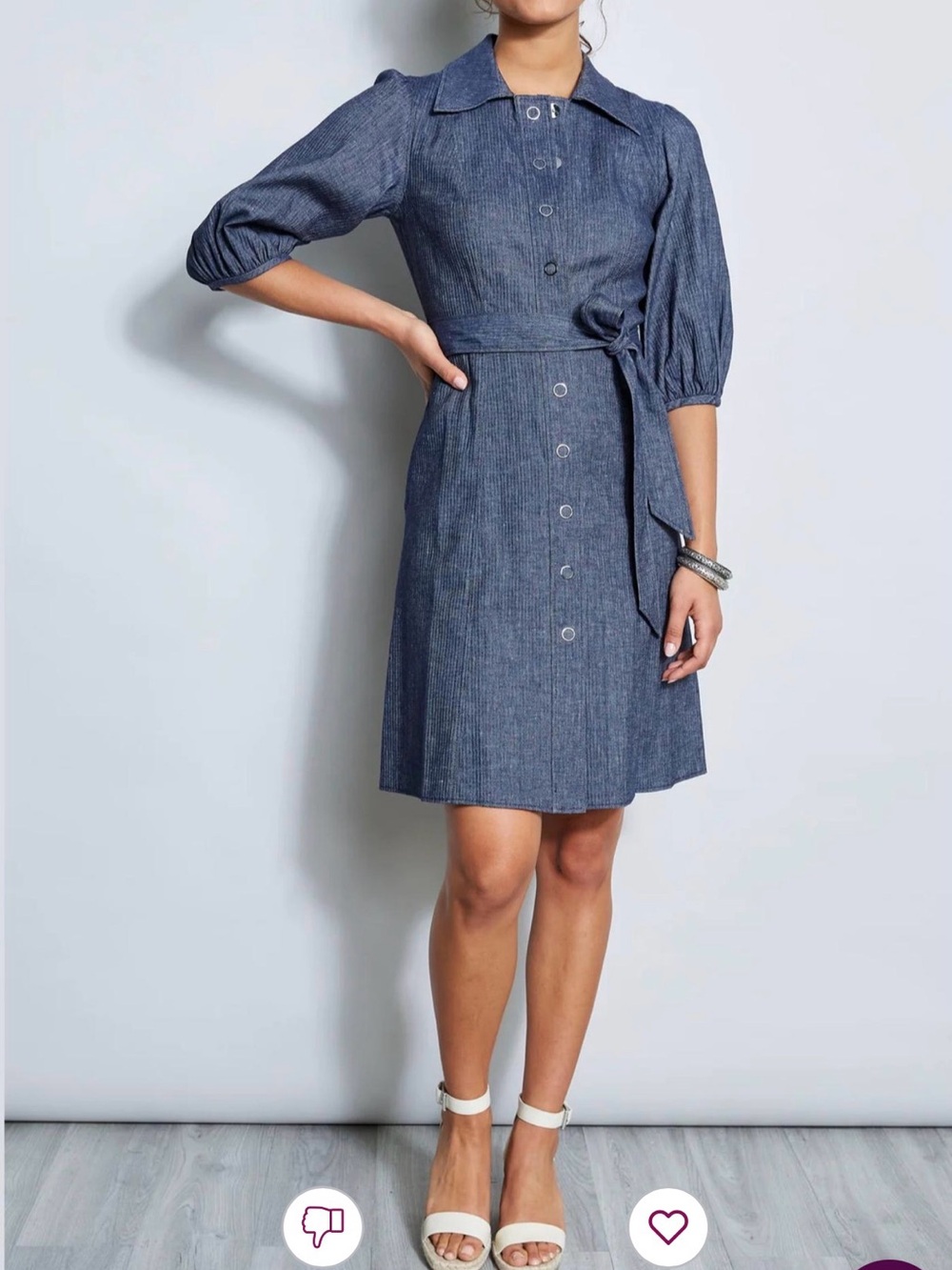 Elie Tahari Rumer Cotton Linen Denim Shift Dress Blue Size 10 Belted Puff Sleeve